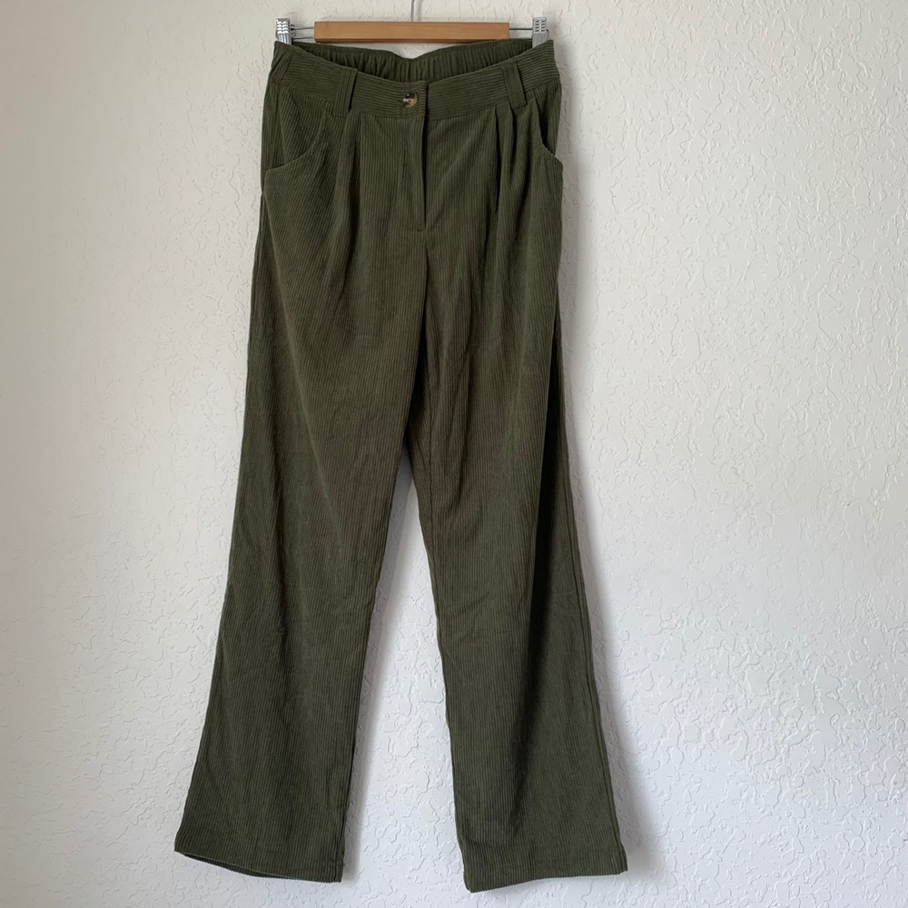 NWT Halara Corduroy Pants Women S Olive Green Wide Leg Pleated High Rise Office